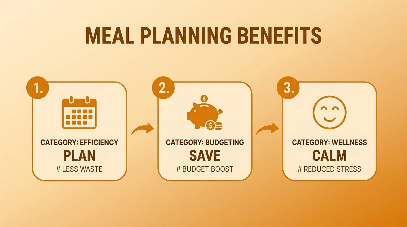 Infographic outlining the three main benefits of meal planning: less waste, budget boost, and reduced stress.