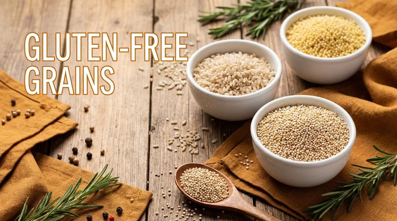 Three white bowls showcase various gluten-free grains, with green herbs in the background.