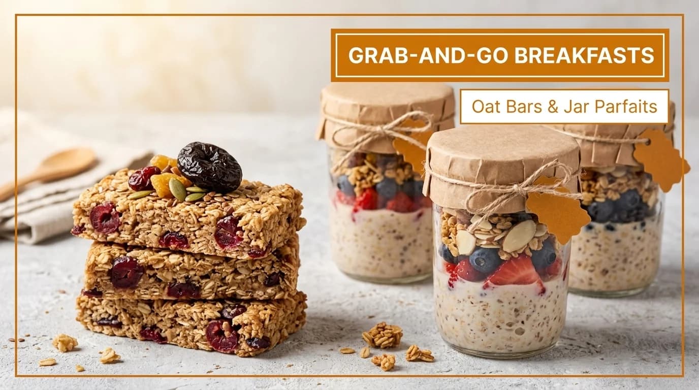 Three jars of overnight oats with granola, berries, and nuts, next to a stack of healthy breakfast bars.