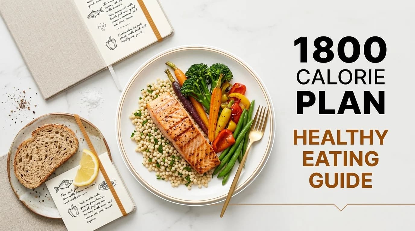 A plate of grilled fish, rice, and colorful vegetables on a dark counter, with '1800 CALORIE PLAN' text overlay.