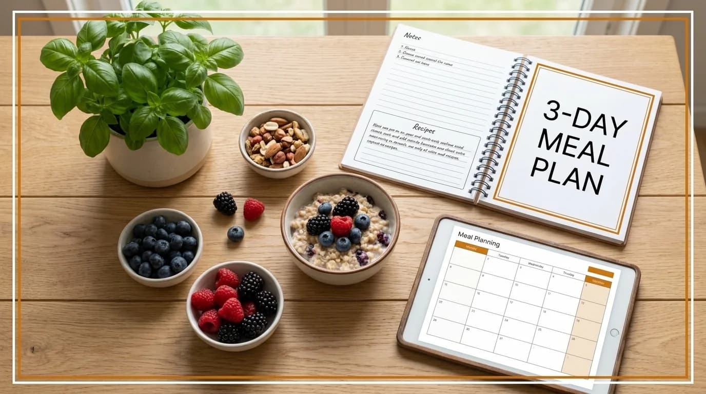 Overhead view of a '3-Day Meal Plan' notebook, tablet with meal calendar, and healthy berry oatmeal.