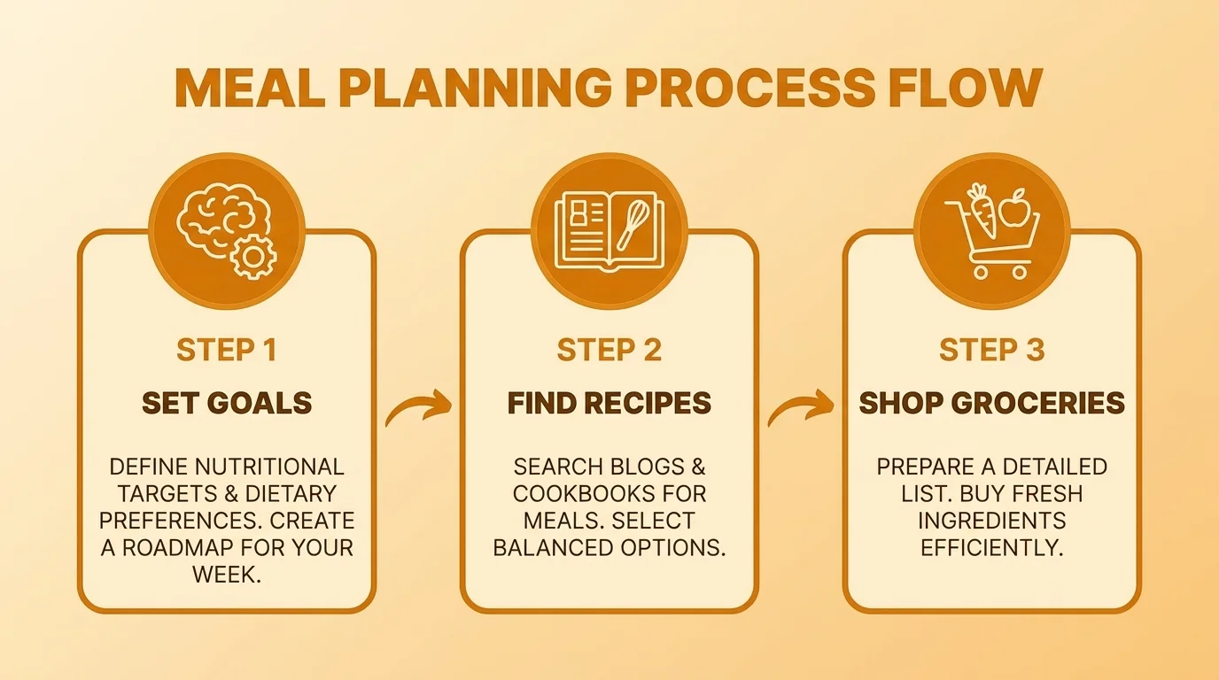 A step-by-step diagram illustrating the meal planning process: set goals, find recipes, and shop groceries.