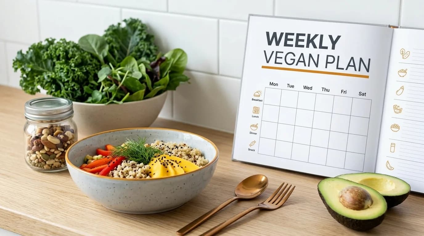 A weekly vegan meal plan displayed on a tablet with fresh ingredients and a healthy meal bowl.