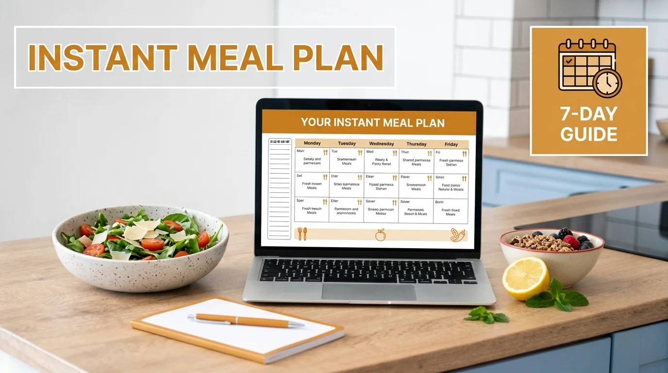 A kitchen counter with a laptop displaying an instant meal plan, fresh vegetables, and a cereal bowl.