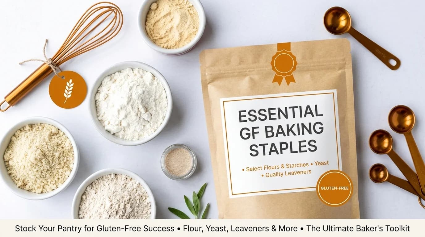 Assortment of gluten-free baking staples including various flours and powders, with a labeled package.