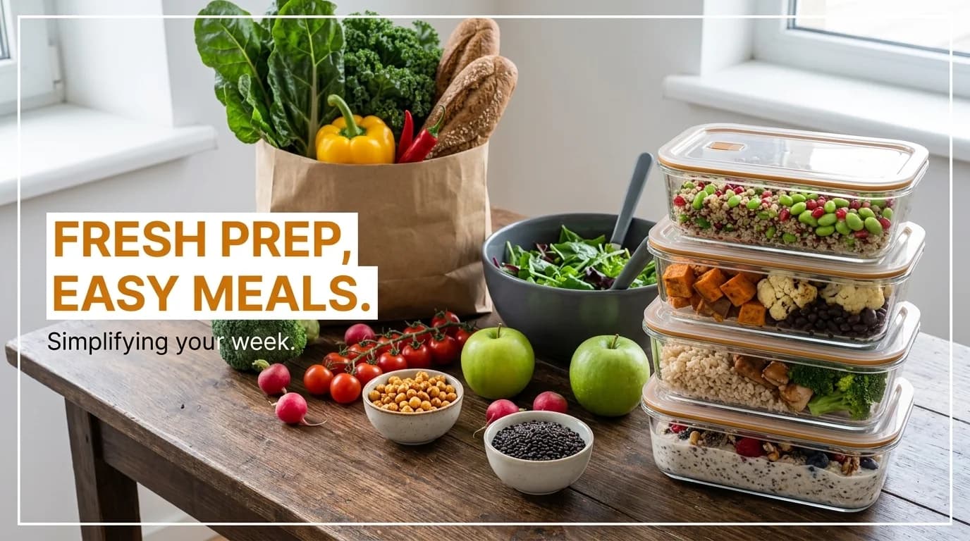 Fresh vegetables, fruits, and prepped meals in containers on a wooden table.