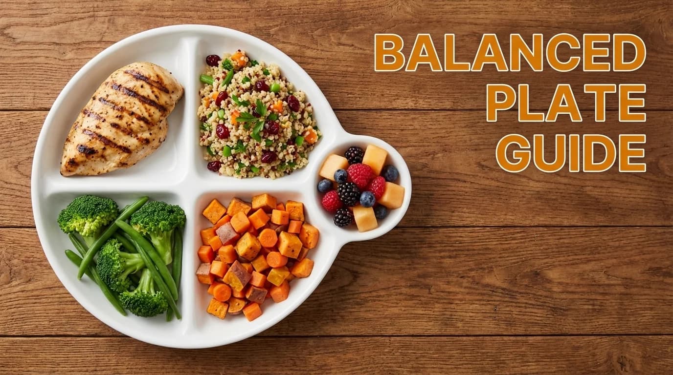 A balanced meal on a partitioned plate with grilled chicken, vegetables, and brown rice.