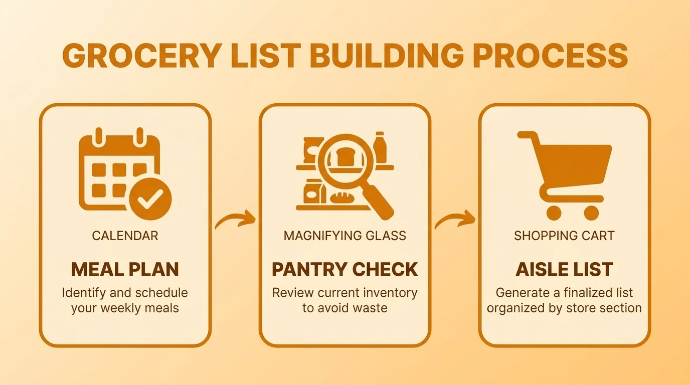 A three-step infographic illustrates the grocery list building process: meal plan, pantry check, and aisle list.