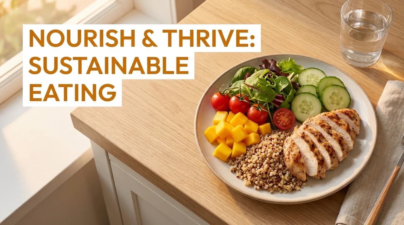 A balanced, healthy meal on a kitchen counter with the text "SUSTAINABLE FAT LOSS".