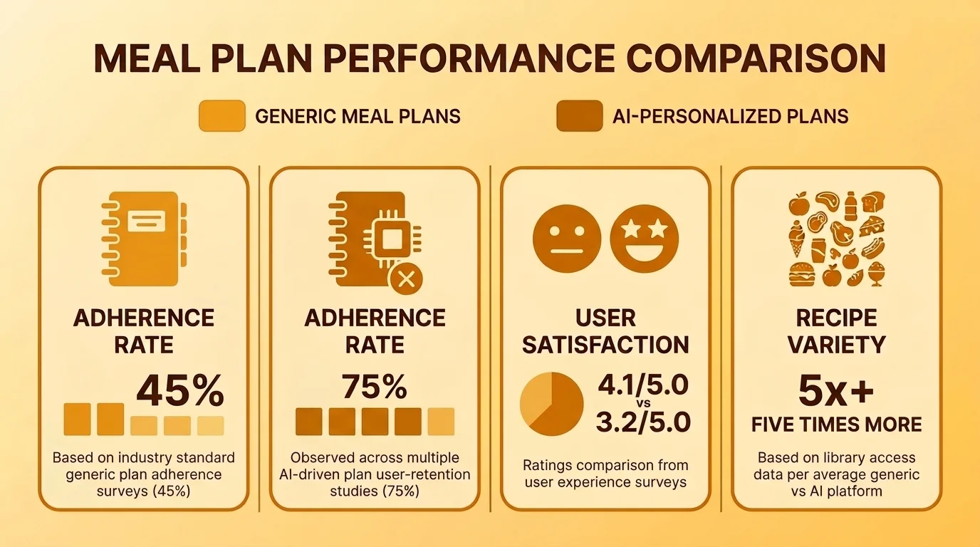 Infographic comparing generic meal plans vs AI-personalized plans across adherence rate, user satisfaction, and recipe variety.