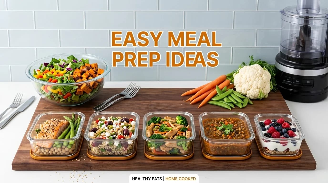 Assorted meal prep containers filled with healthy food and vegetables on a kitchen counter.