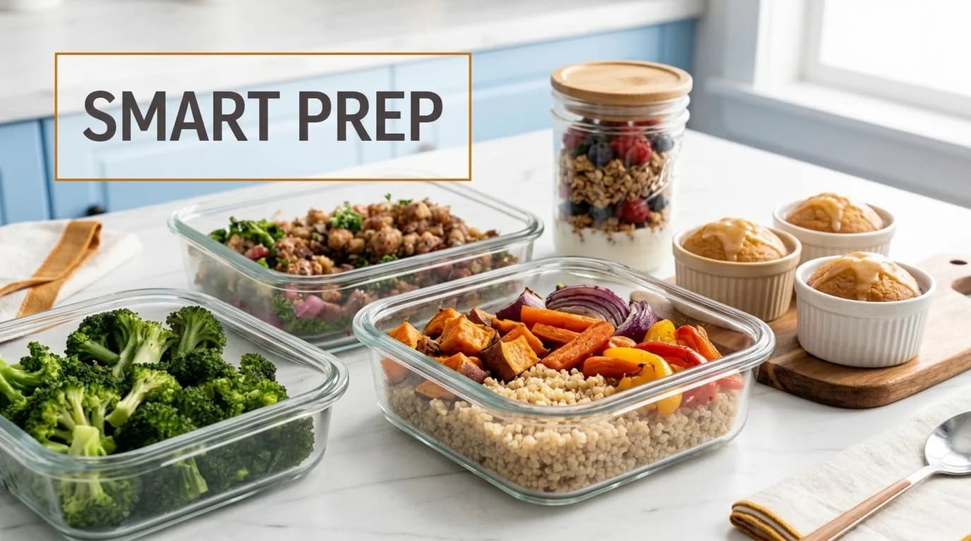 Glass food containers filled with prepped meals including broccoli, roasted vegetables, and granola, plus muffins on a marble countertop.