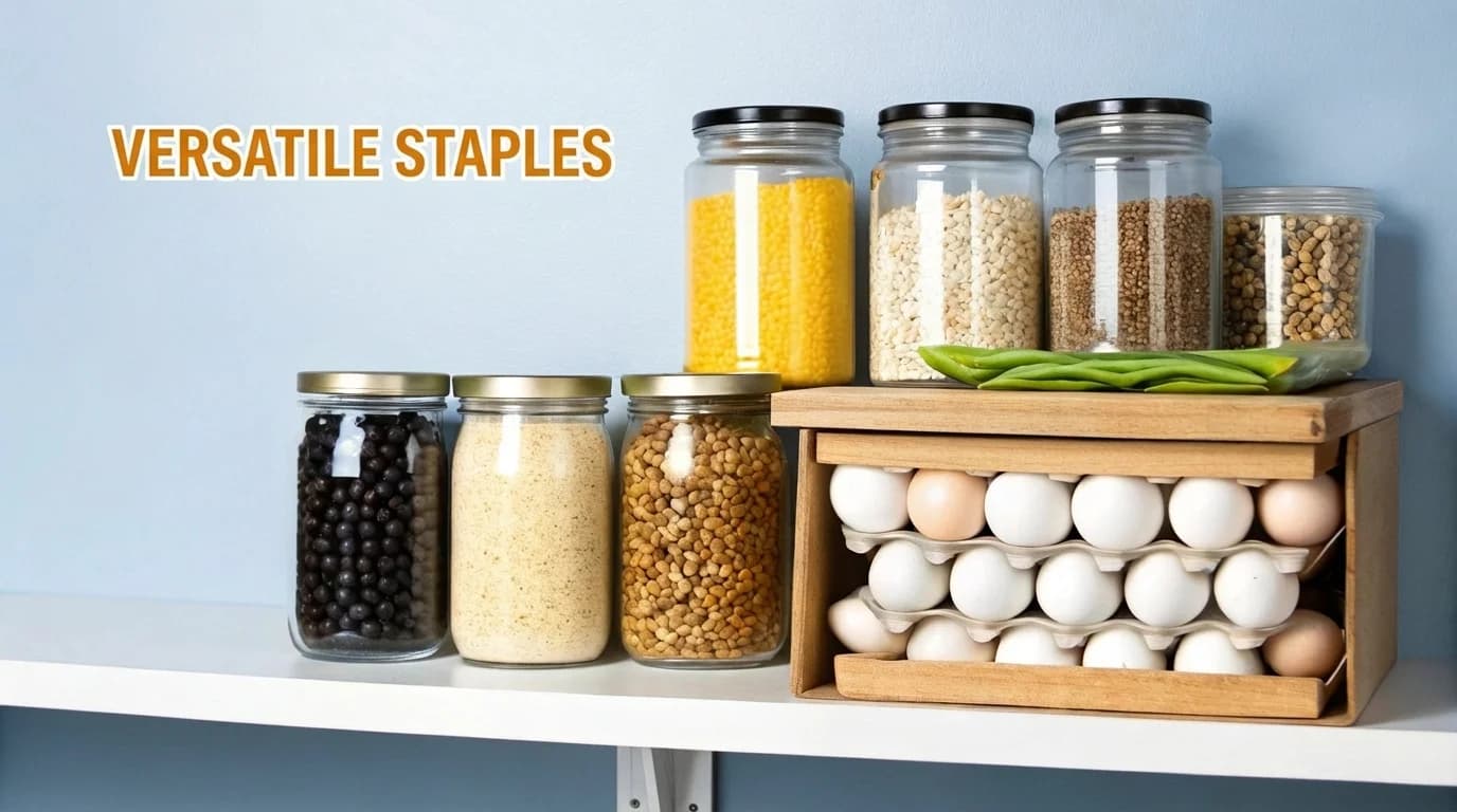 Organized pantry shelf with versatile food staples in glass jars and fresh eggs.