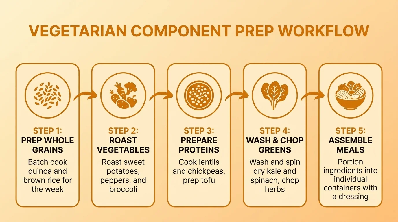 Infographic about vegetarian weekly meal plan component prep workflow