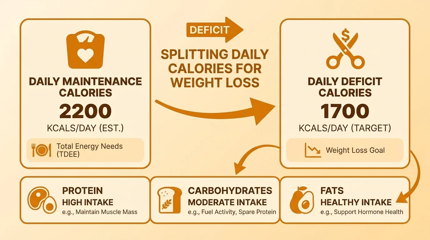 Infographic showing how to split daily calories into macros for weight loss