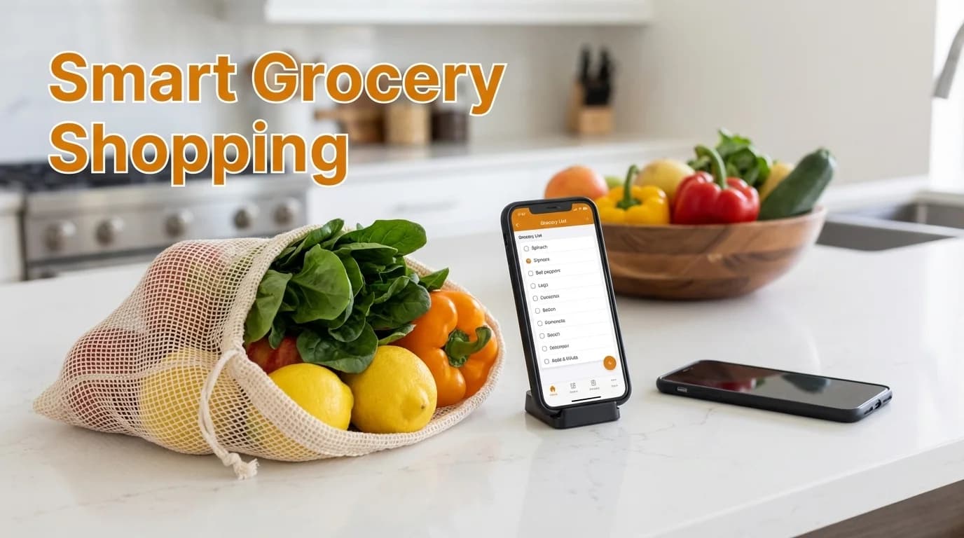 A smartphone on a kitchen counter displays a grocery list next to a net bag of fresh produce.