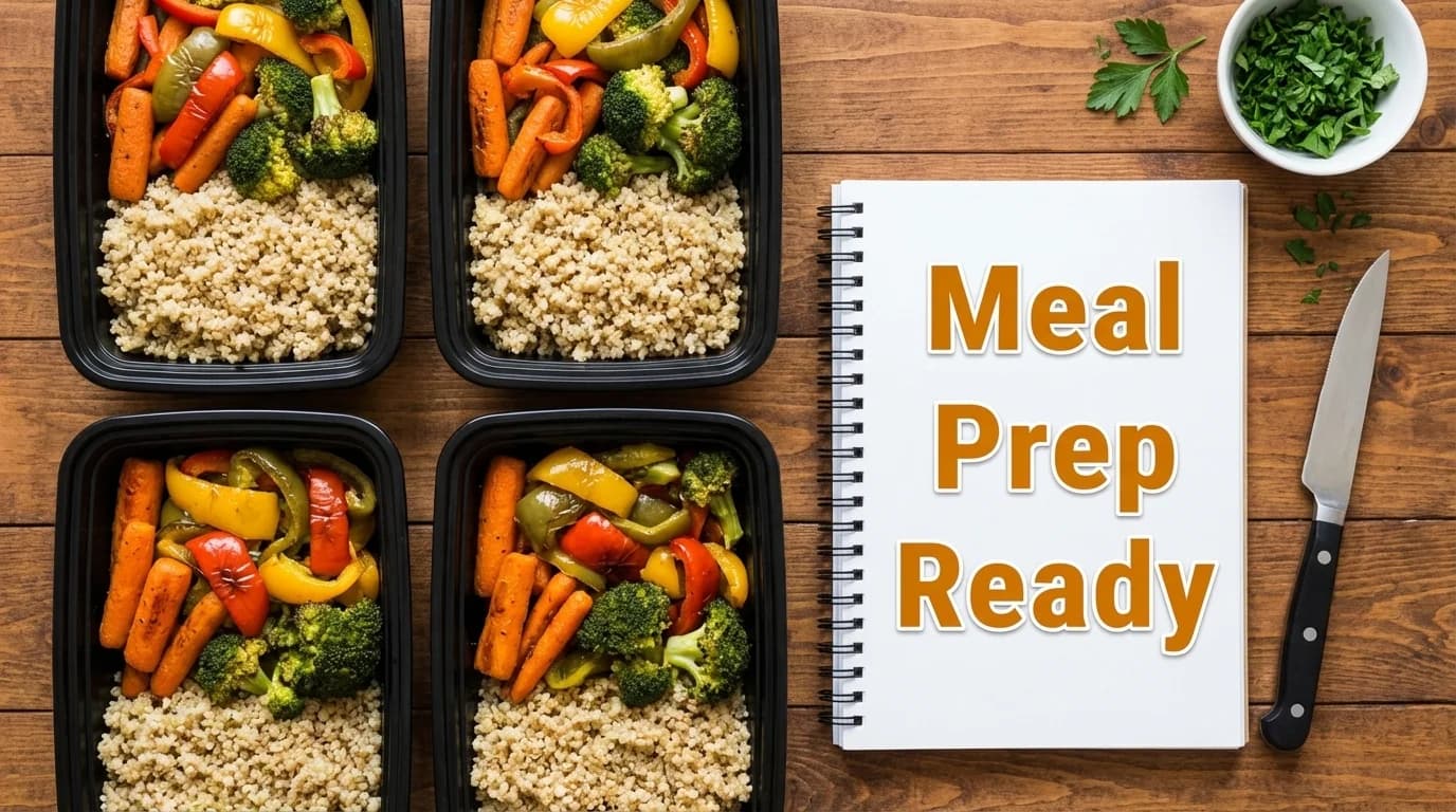 Healthy meal prep containers with vegetables and grains on a blue table, beside a 'Meal Prep Ready' notepad.
