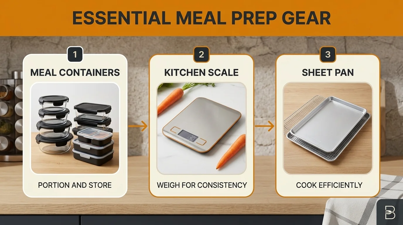 Essential meal prep gear featuring containers, a kitchen scale, and a sheet pan.