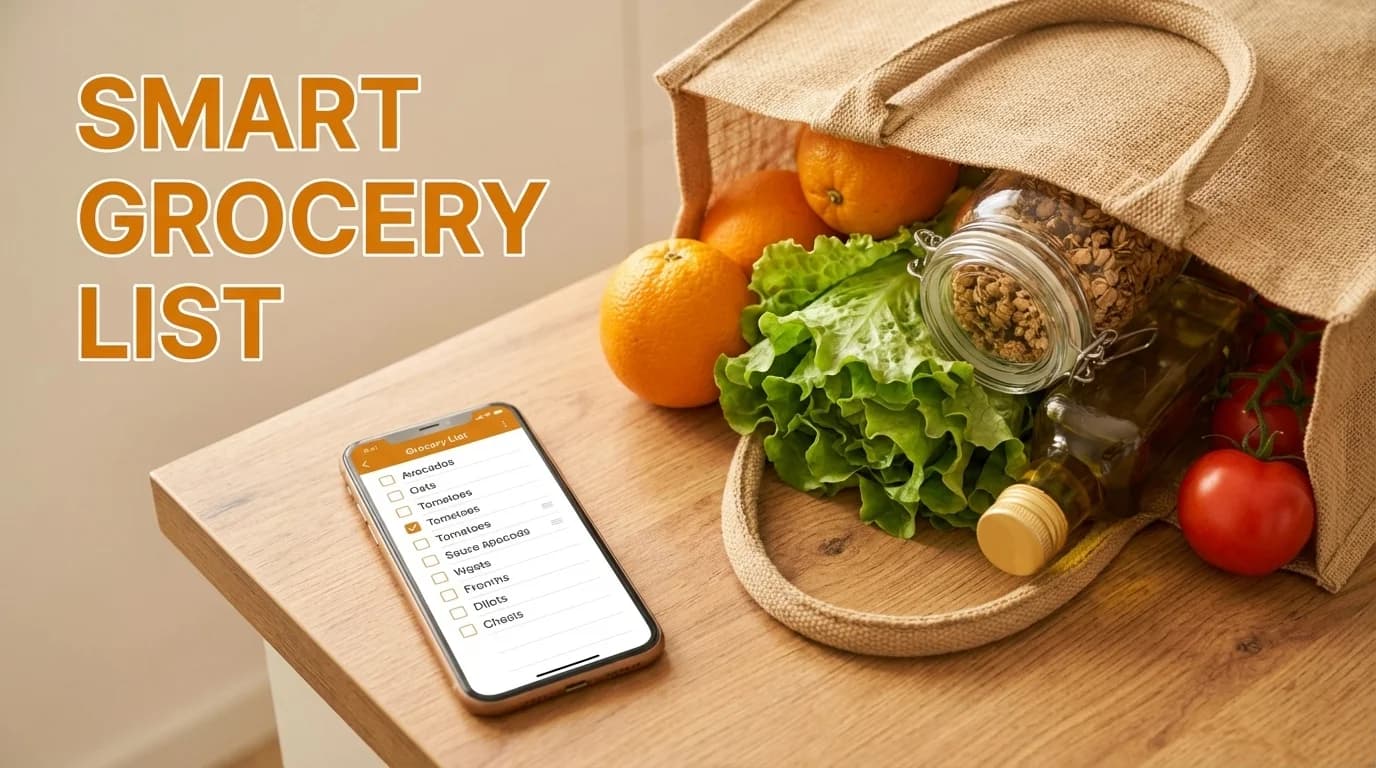 A smartphone displaying a grocery list app next to a reusable bag filled with fresh produce.