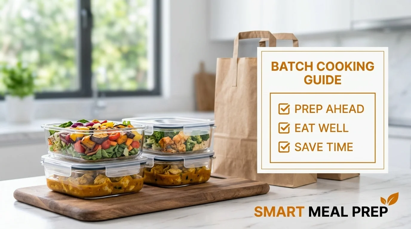 Meal prep containers with fresh food on a kitchen counter next to a 'BATCH COOKING' sign and brown bags.