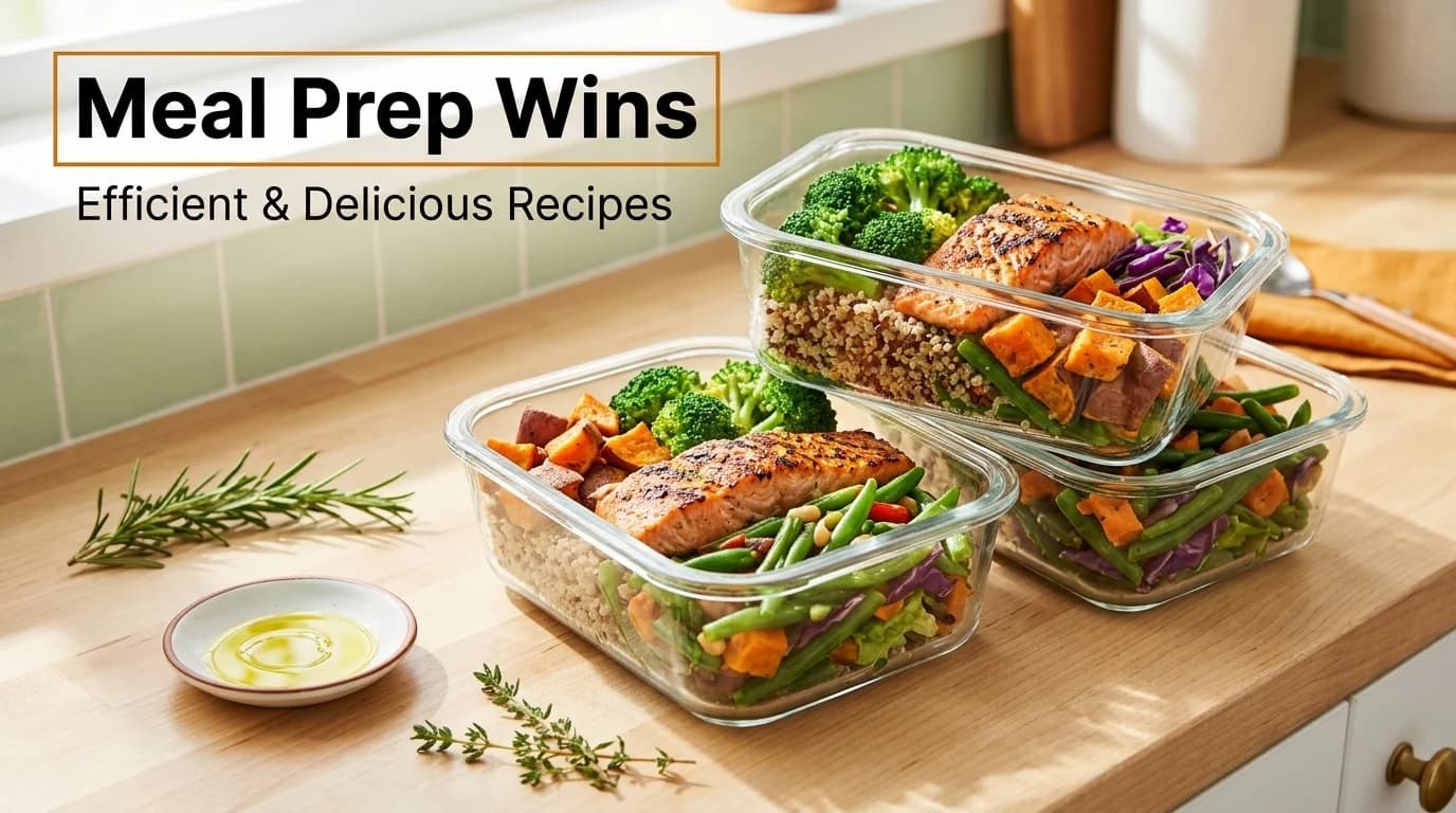 Three healthy meal prep containers with grilled protein, vegetables, and grains on a kitchen counter.