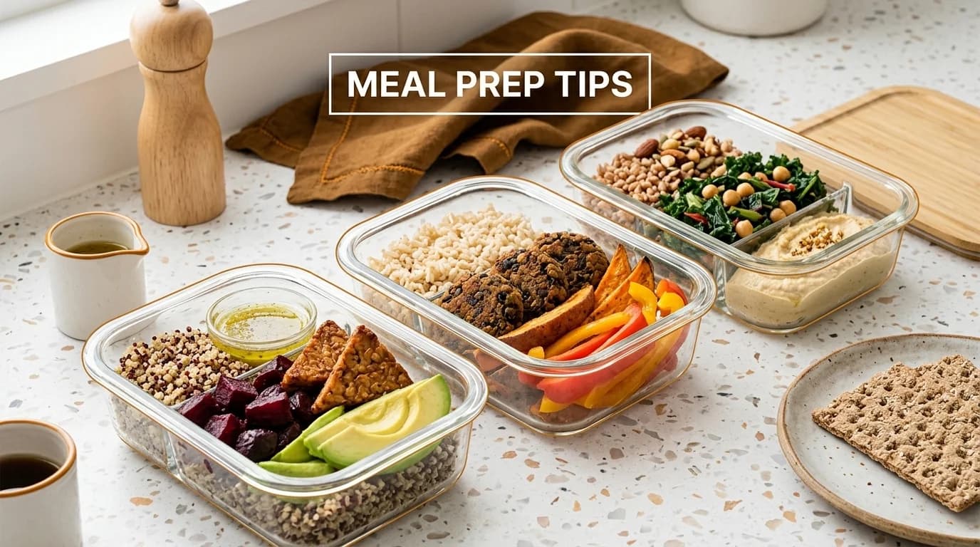 A person meal prepping healthy vegetarian food in containers on a kitchen counter