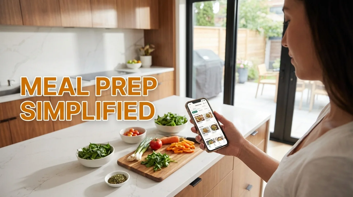 A person using a healthy meal planning app on their smartphone in a modern kitchen with fresh ingredients.