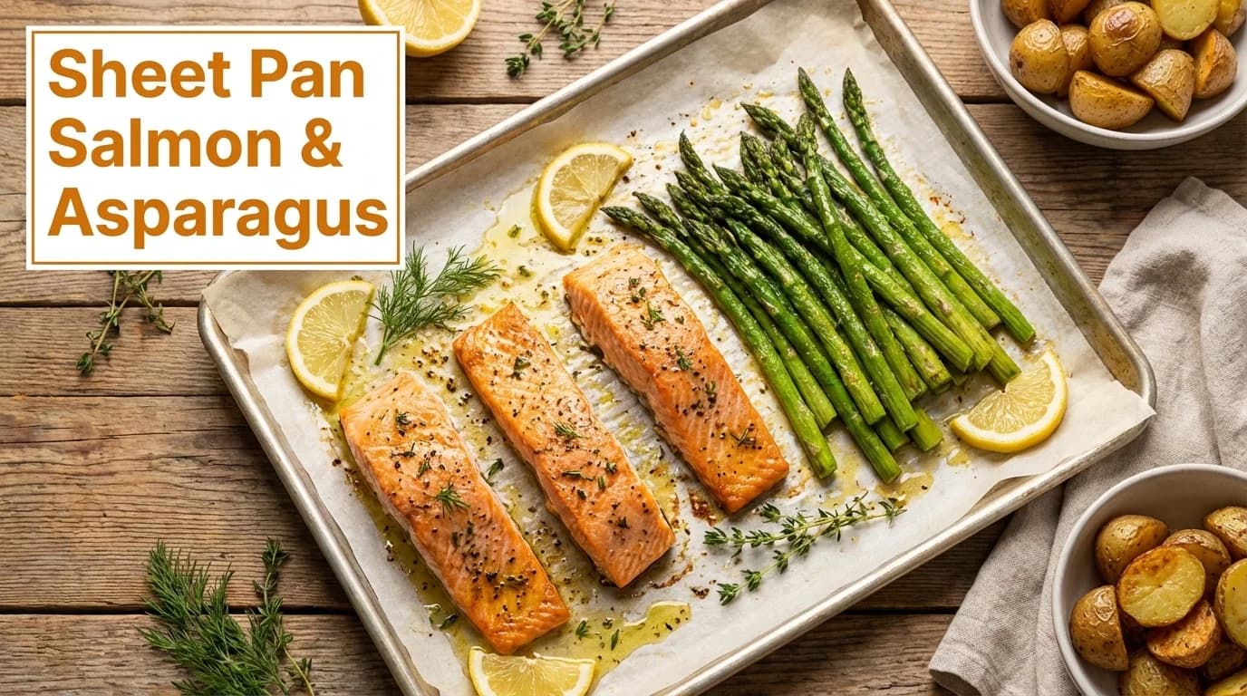 A delicious sheet pan meal featuring roasted salmon fillets and fresh green asparagus, ready for dinner.