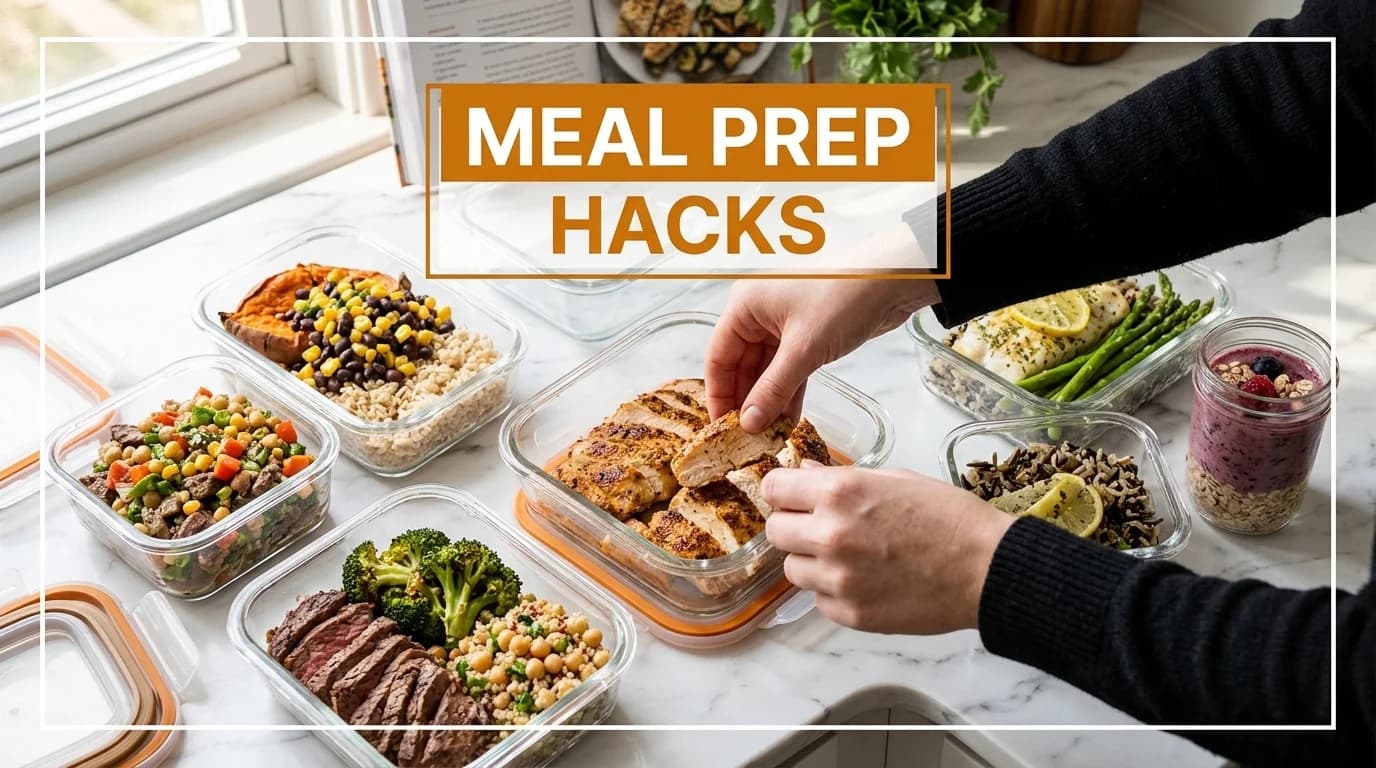 Hands arranging multiple clear meal prep containers filled with healthy chicken, grains, and vegetables.