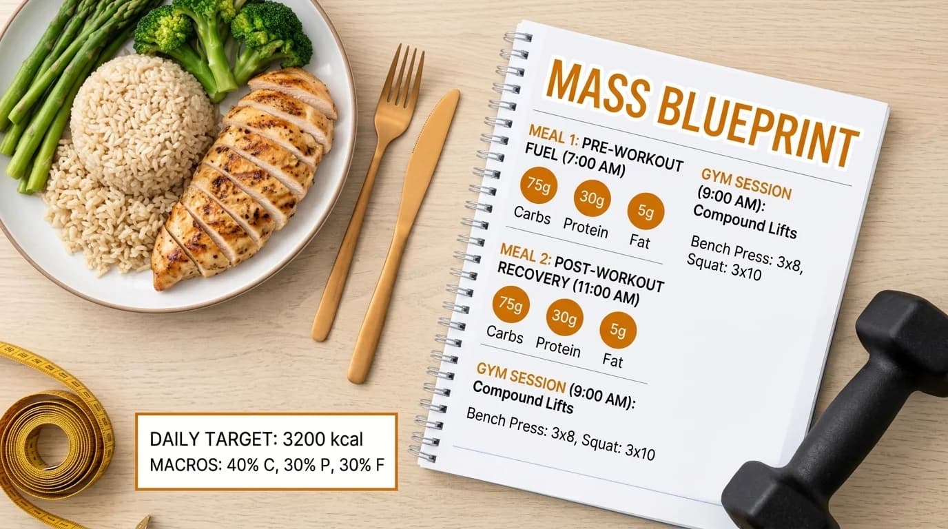 A plate of healthy bulking food including chicken, rice, and vegetables, representing a structured meal plan.