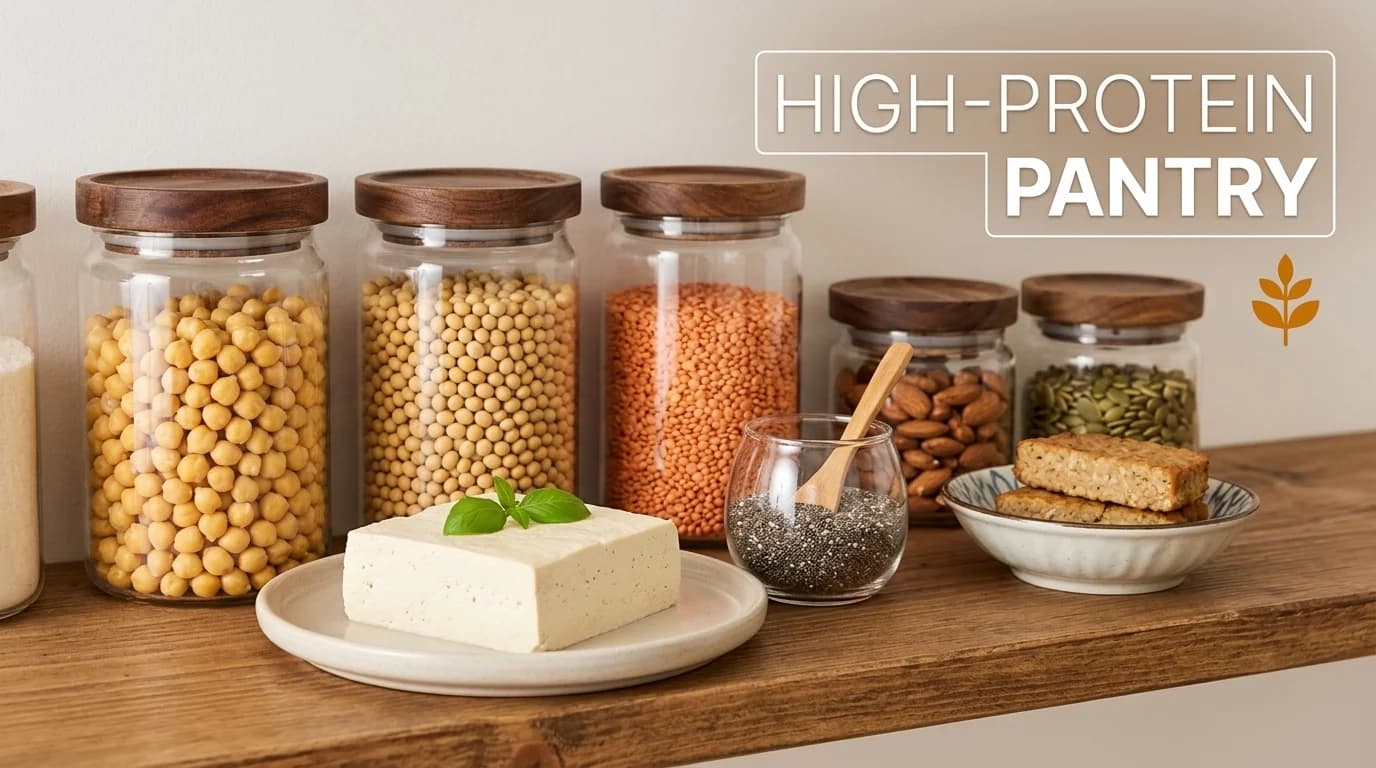Vegetarian pantry items like lentils, chickpeas, tofu, and nuts arranged on a kitchen counter