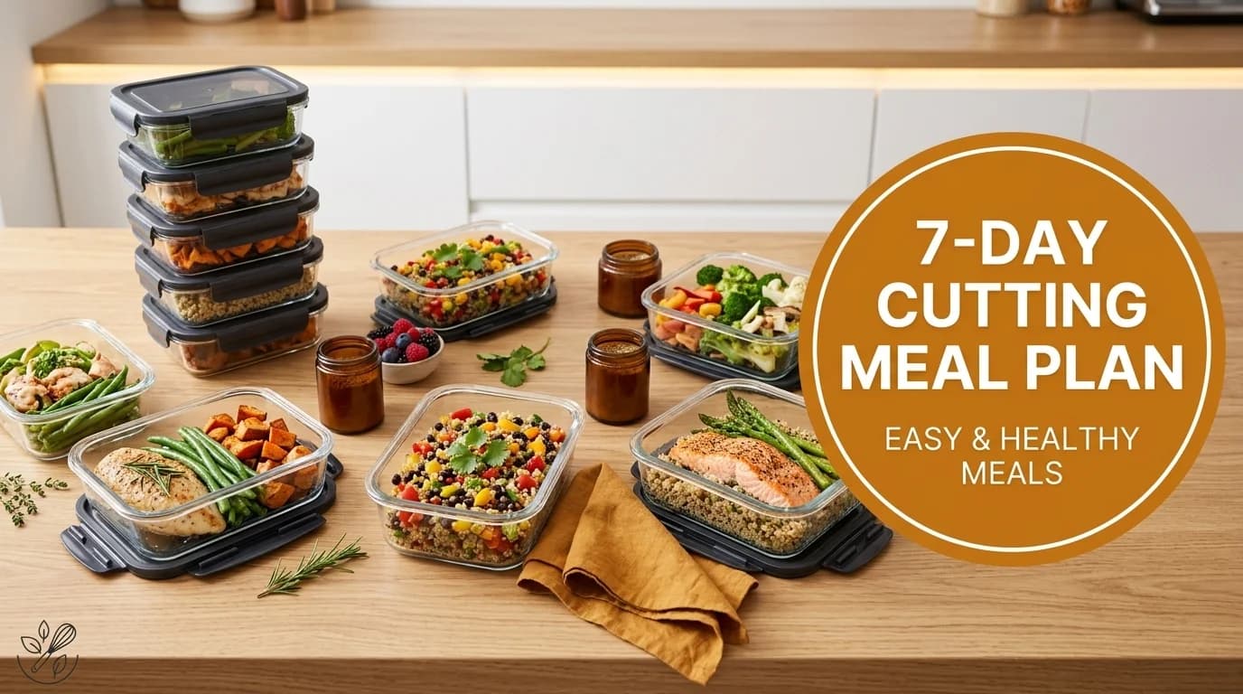 A 7-day cutting meal plan laid out with various healthy meals in containers.