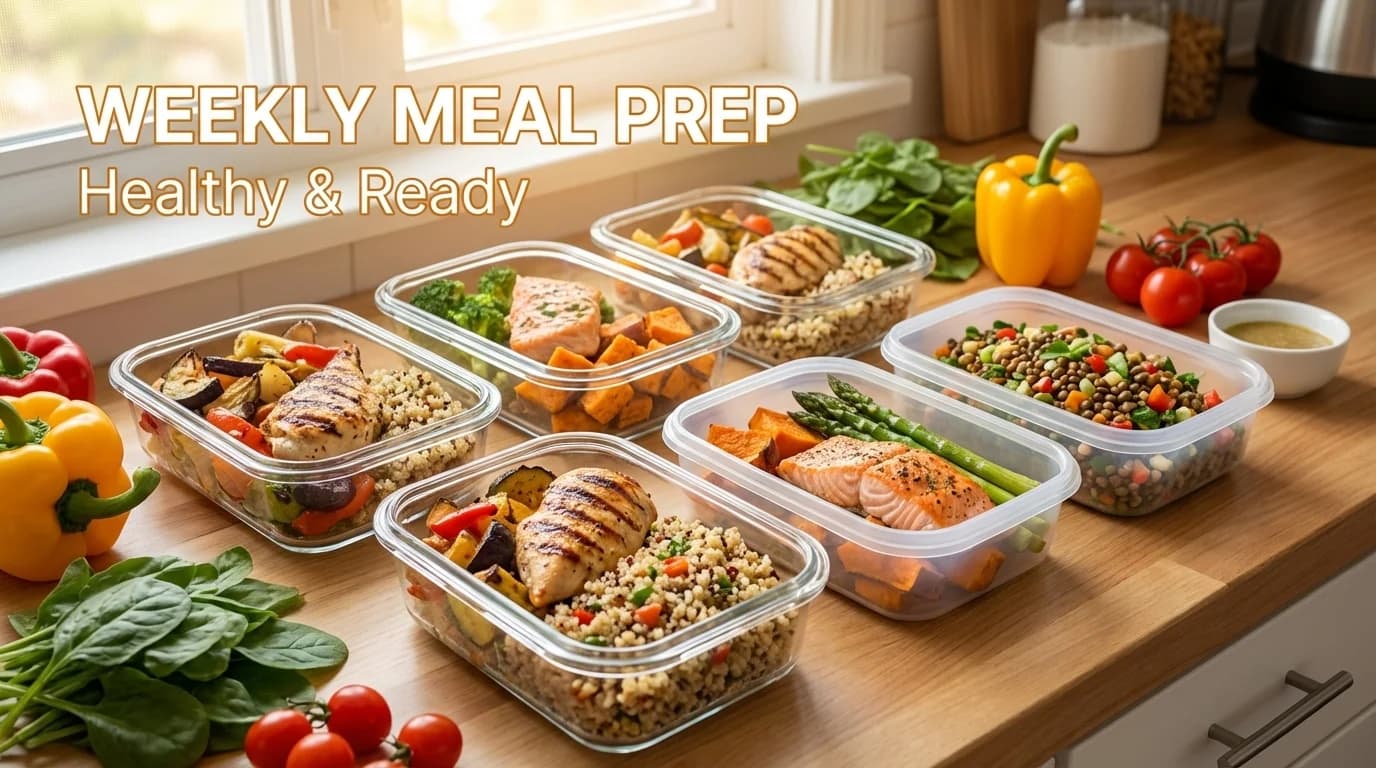 Meal prep containers with portioned meals ready for the week