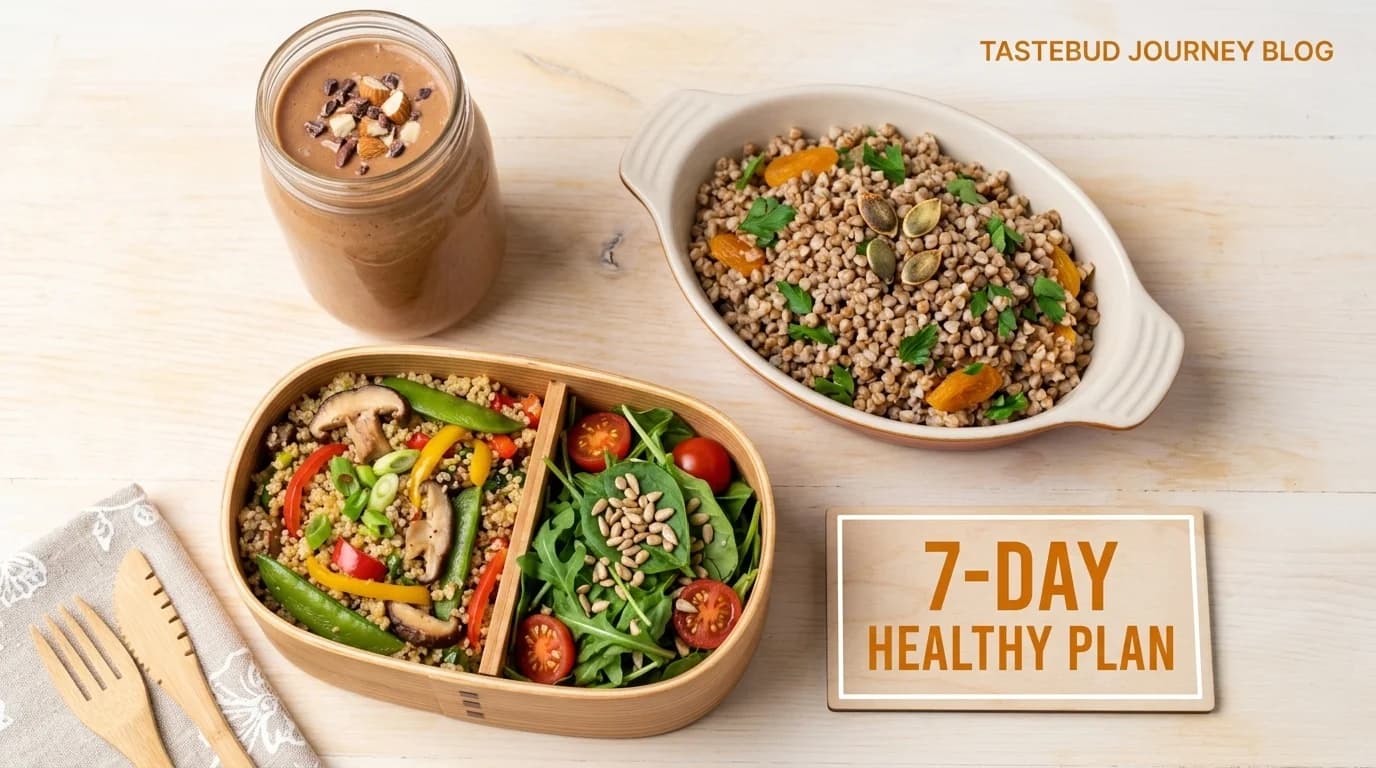 Three black meal prep containers with healthy food, including a smoothie, stir-fry, and grain dish, with a '7-DAY PLAN' card.