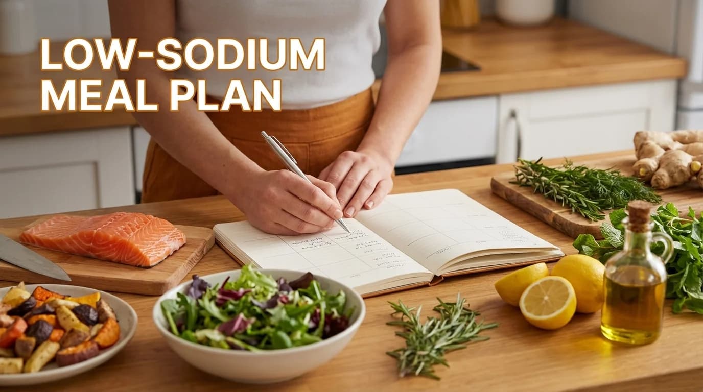 A week of low-sodium meals laid out including salmon, salads, and roasted vegetables