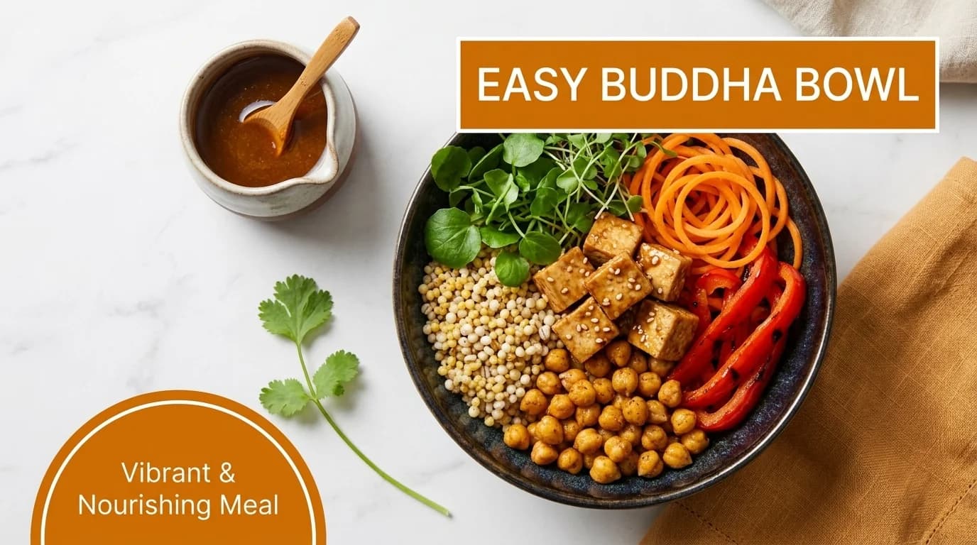 A colorful Buddha bowl with quinoa, chickpeas, tofu, vegetables, greens, and dressing on a marble table.