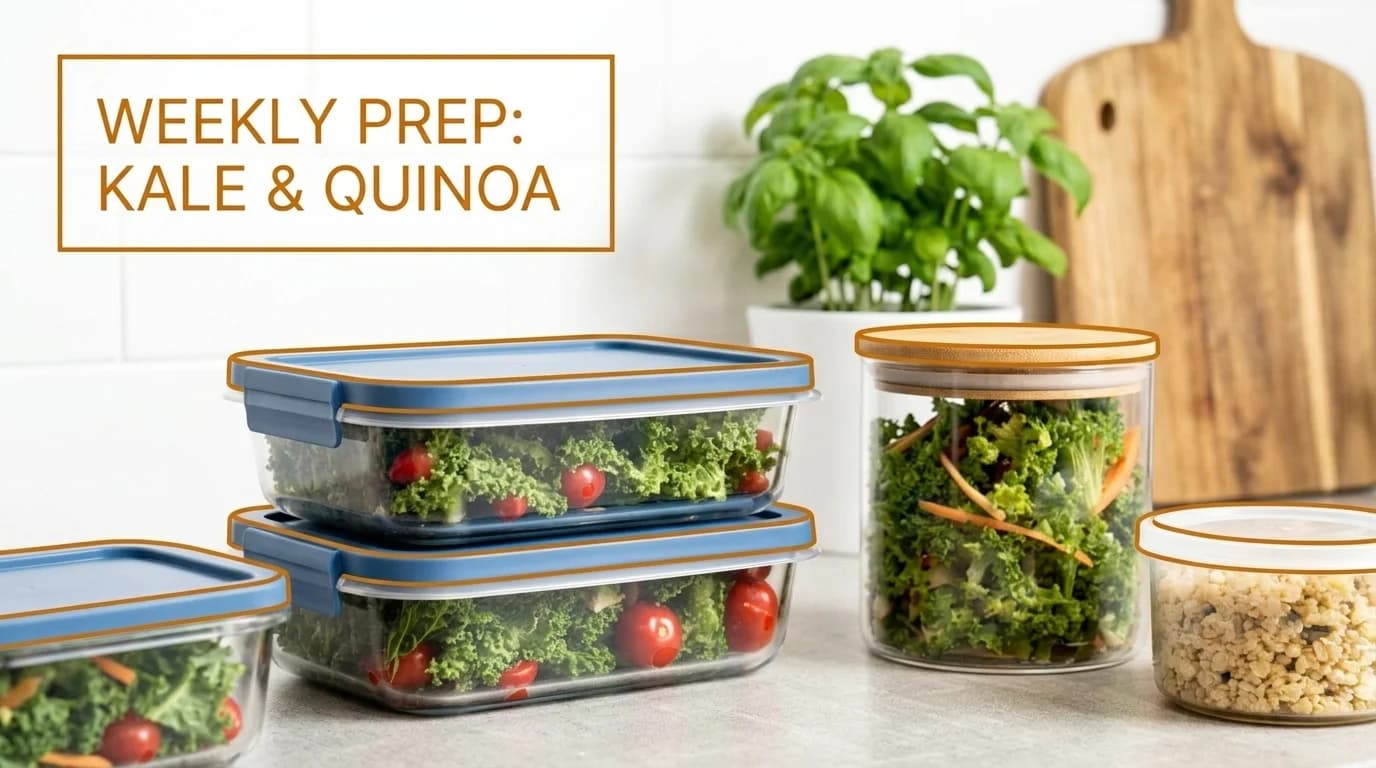 Stack of clear meal prep containers filled with fresh vegetables and grain bowls on a kitchen counter.