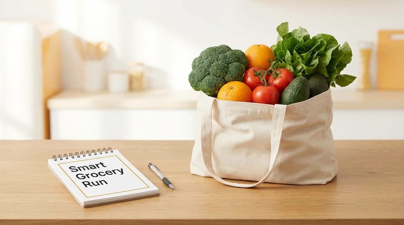 A person pushing a grocery cart filled with fresh vegetables and other healthy foods