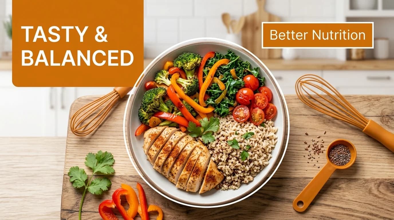A balanced plate divided into sections showing vegetables, protein, and complex carbs