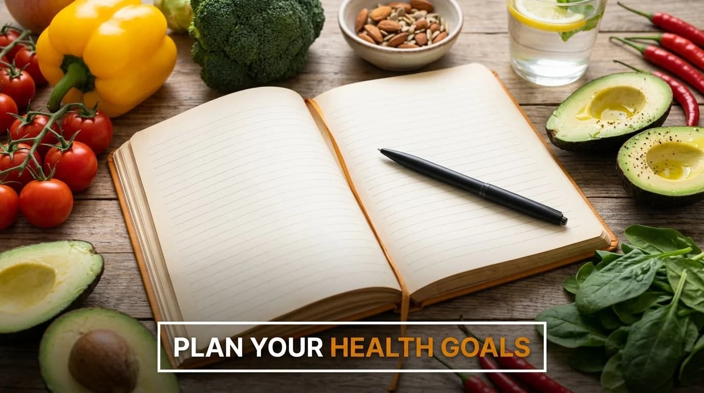 A person writing down their health goals in a journal next to a healthy meal.