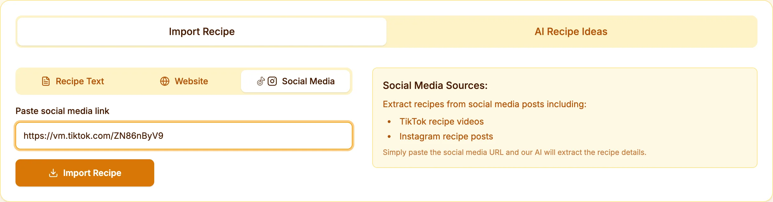 The Kitchendary recipe import screen with a TikTok link pasted into the Social Media field.