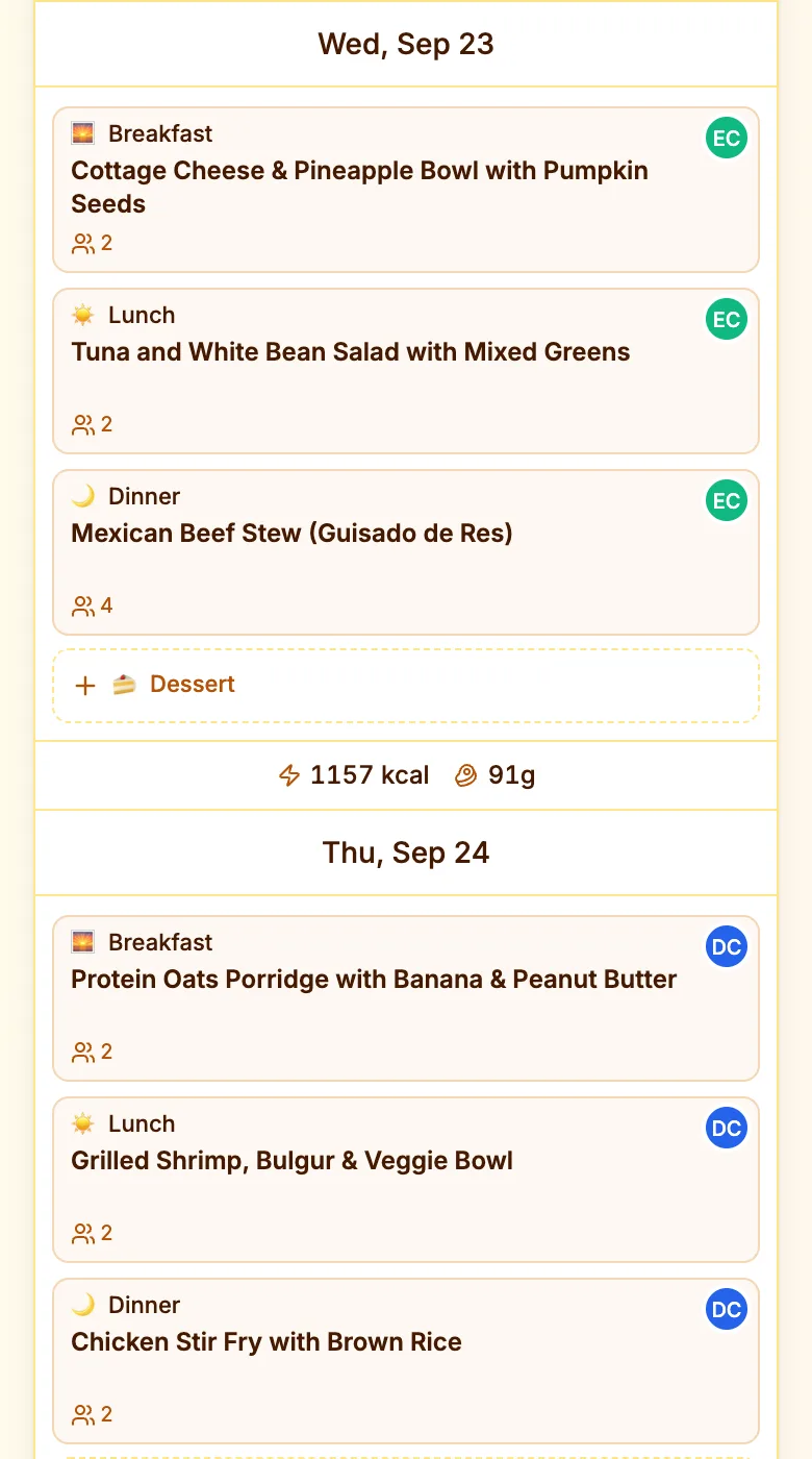Wednesday and Thursday planned for two: the TikTok beef stew on Wednesday, and each day cooked by a different person
