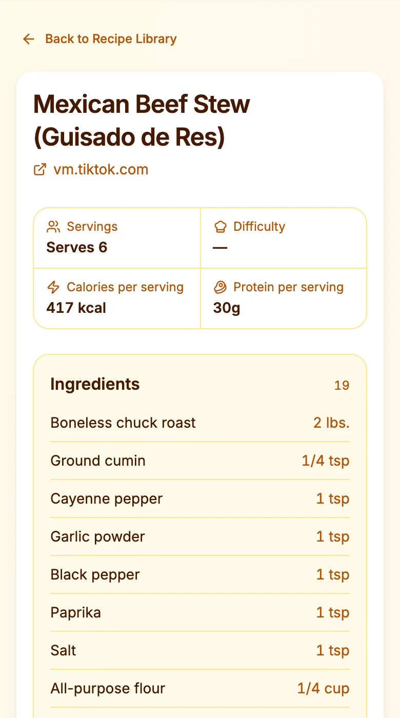 A Mexican beef stew recipe imported from a TikTok video, with servings, calories, protein and ingredients