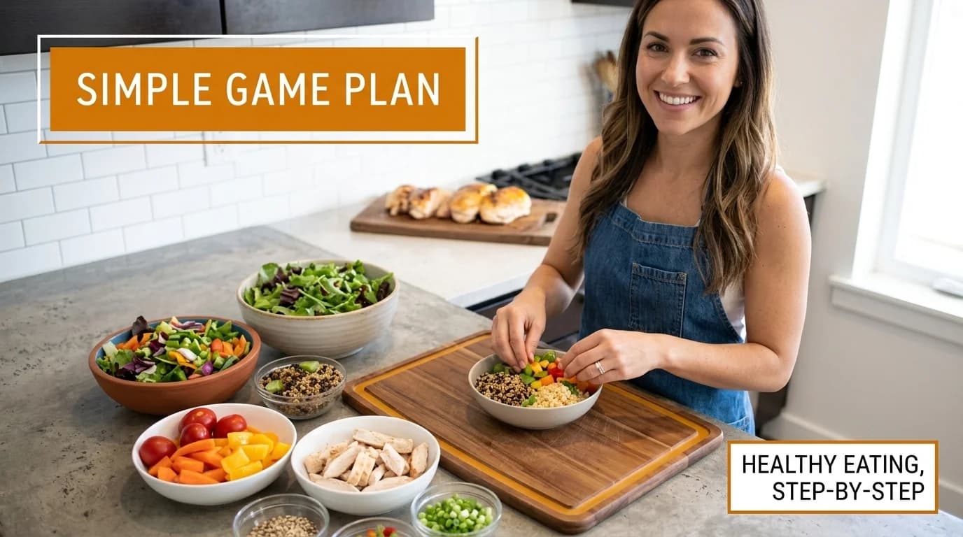 Woman assembling healthy grain bowls in her kitchen.