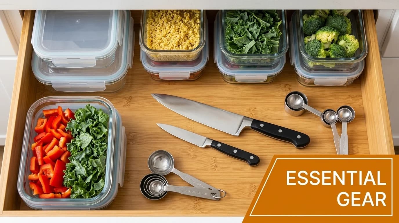 Meal prep gear, including glass containers and fresh vegetables, laid out on a kitchen counter.